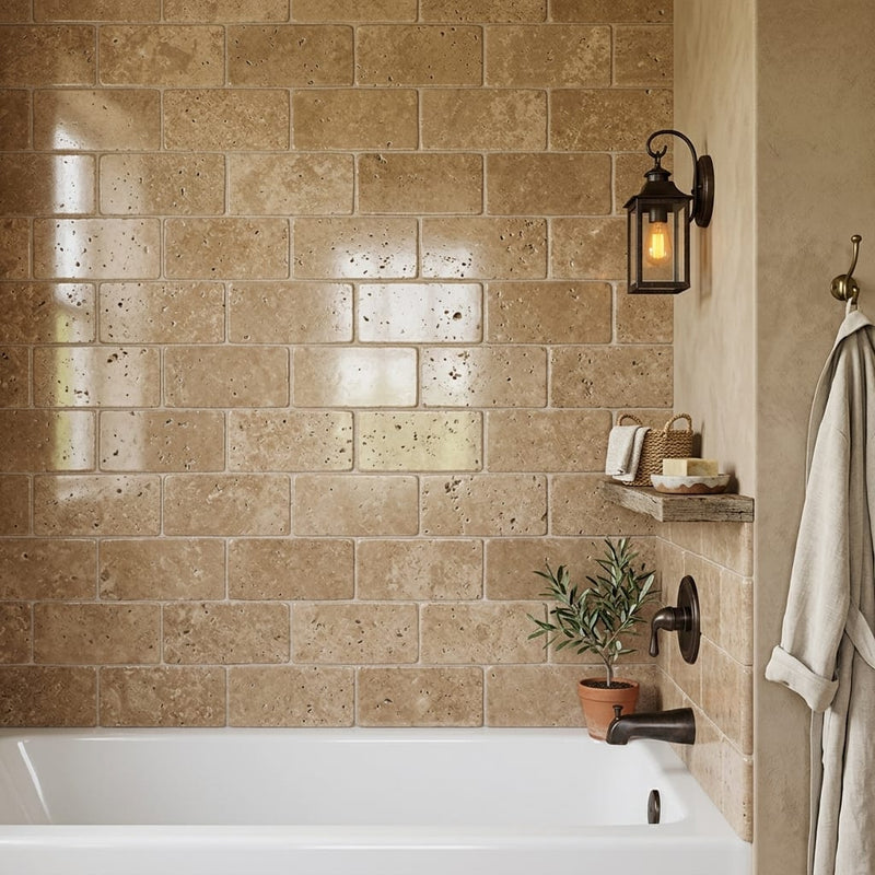 Noce Travertine Tile 3x6 Tumbled — Bathroom tub surround edge