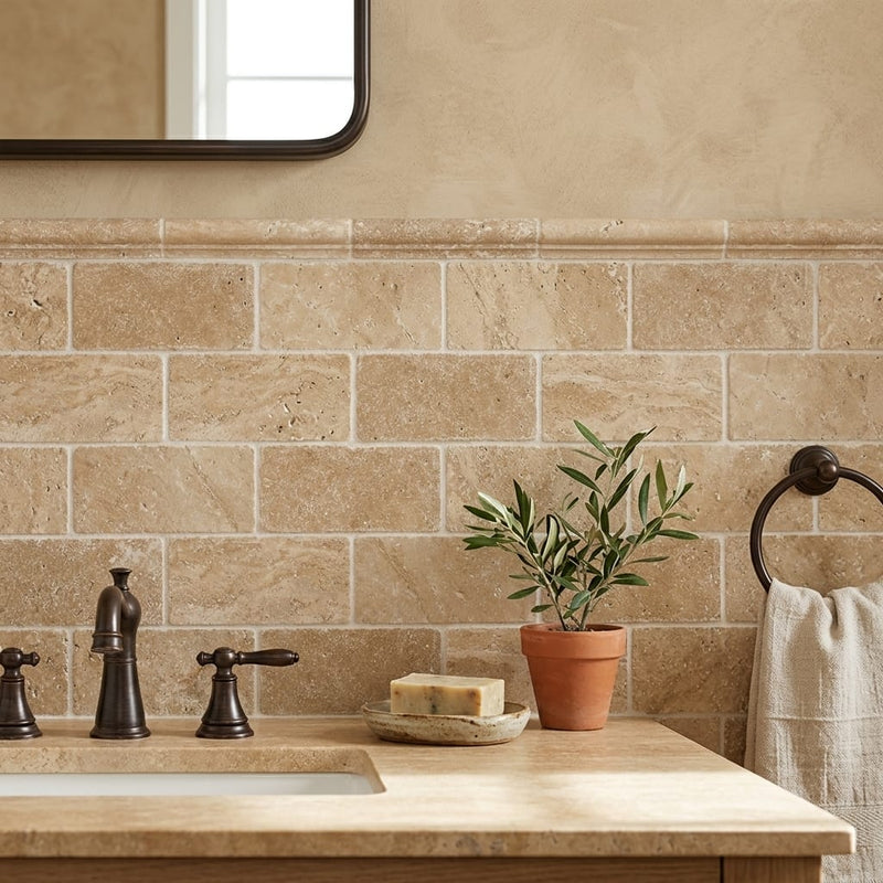 Noce Travertine Tile 3x6 Tumbled — Bathroom wainscot cap