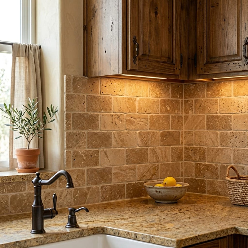 Noce Travertine Tile 3x6 Tumbled — Kitchen backsplash edge