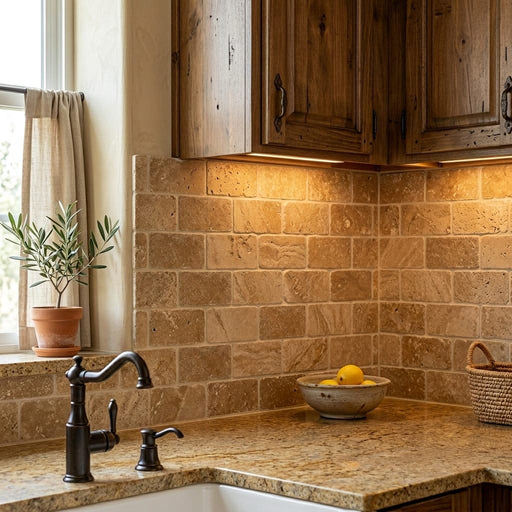 Noce Travertine Tile 3x6 Tumbled — Kitchen backsplash edge