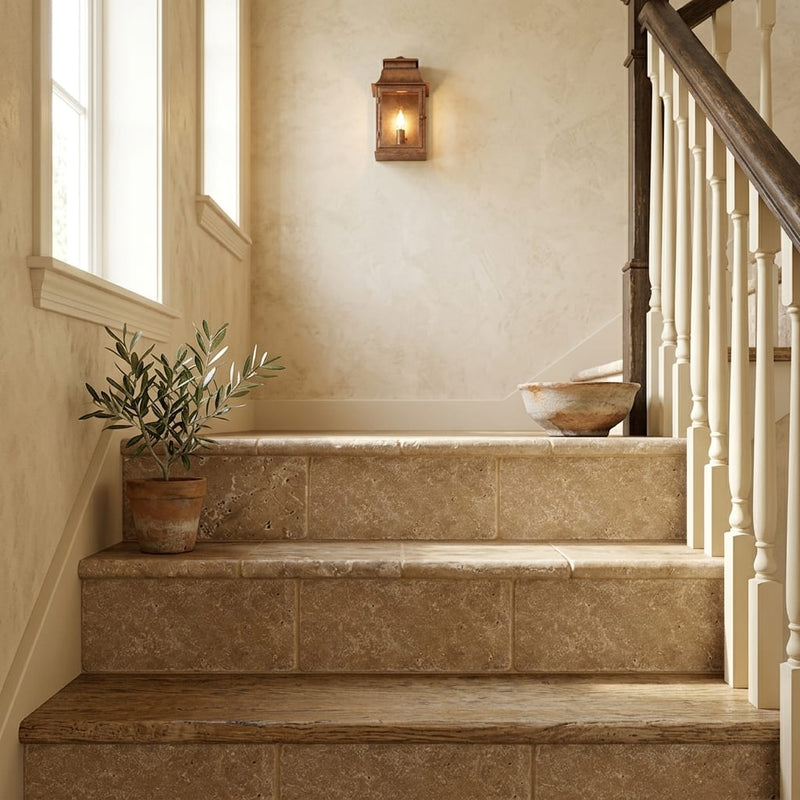 Noce Travertine Tile 3x6 Tumbled — Stairway stair riser edge