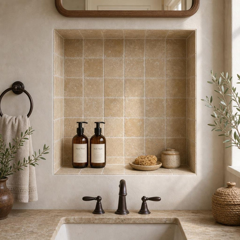 Noce Travertine Tile 4x4 Tumbled — Bathroom niche