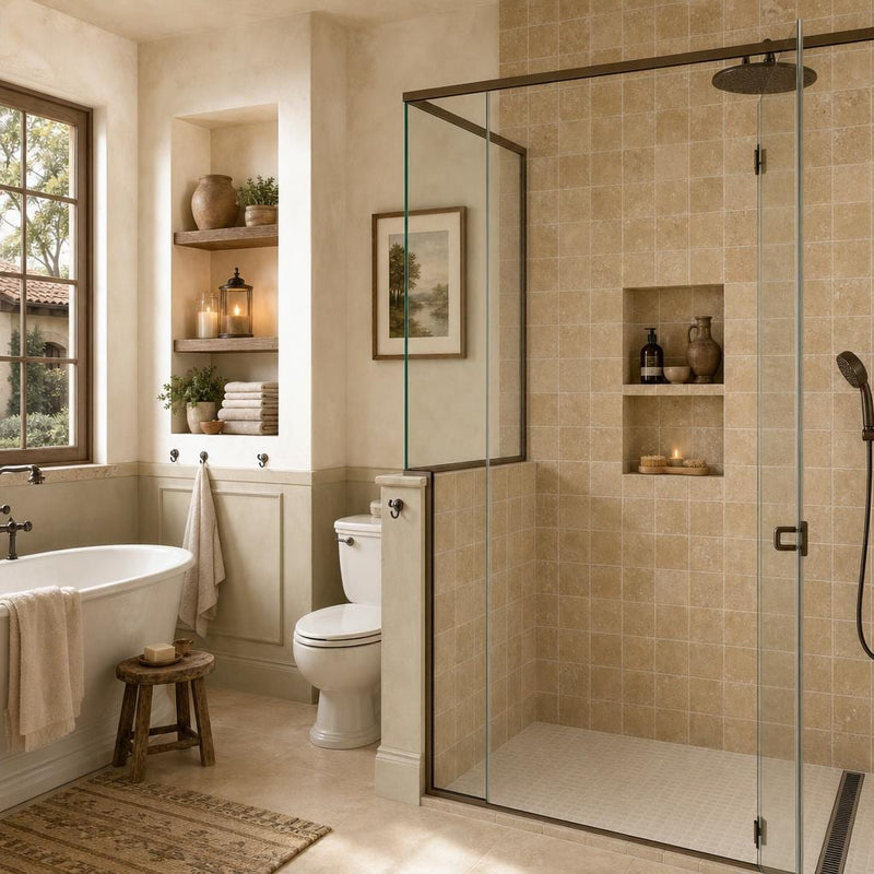 Noce Travertine Tile 4x4 Tumbled — Bathroom shower wall accent band