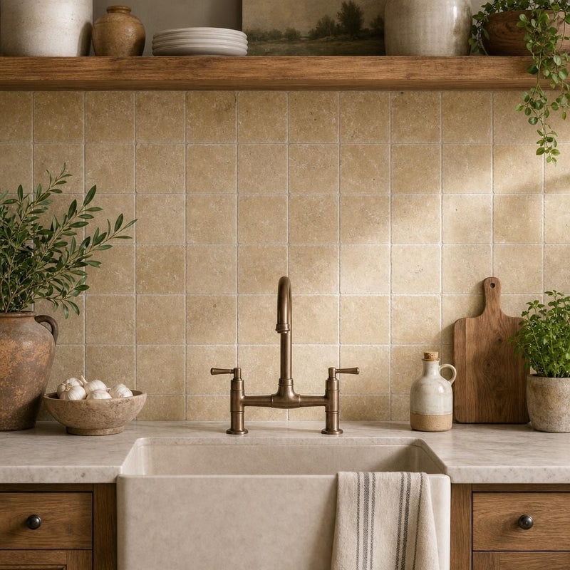 Noce Travertine Tile 4x4 Tumbled — Kitchen backsplash