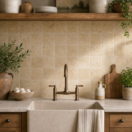 Noce Travertine Tile 4x4 Tumbled — Kitchen backsplash
