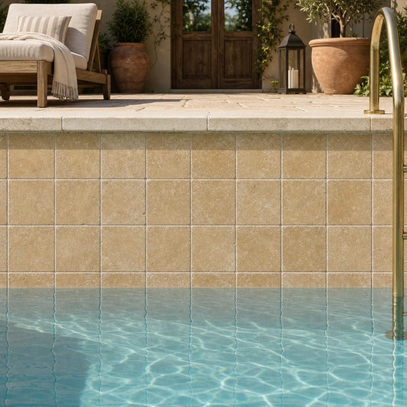 Noce Travertine Tile 4x4 Tumbled — Swimming Pool waterline