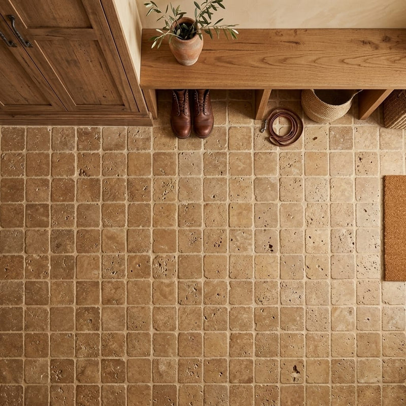 Noce Travertine Tile 4x4 Tumbled — Mudroom floor