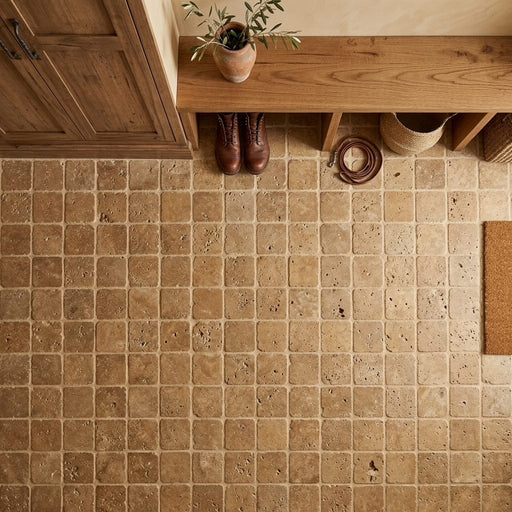Noce Travertine Tile 4x4 Tumbled — Mudroom floor