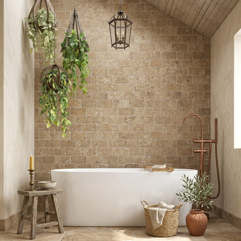 Noce Travertine Tile 4x8 Tumbled — Bathroom wall