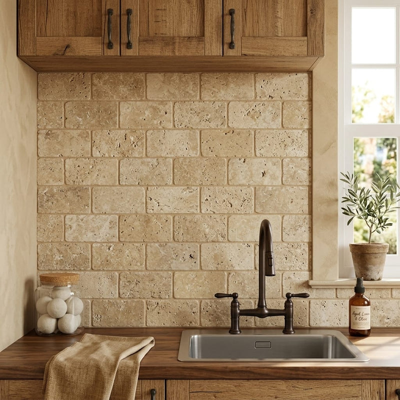 Noce Travertine Tile 4x8 Tumbled — Laundry Room backsplash