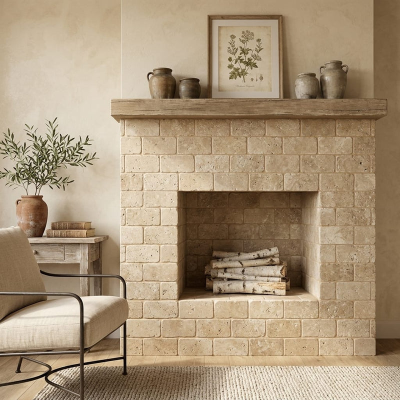 Noce Travertine Tile 4x8 Tumbled — Living Room fireplace surround
