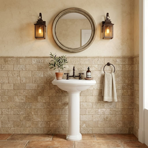 Noce Travertine Tile 4x8 Tumbled — Powder Room wainscot