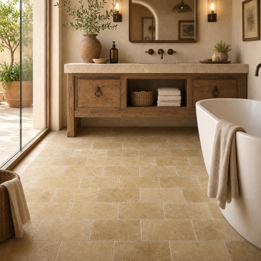 Noce Travertine Tile 6x12 Tumbled — Bathroom floor