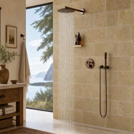 Noce Travertine Tile 6x12 Tumbled — Bathroom shower wall