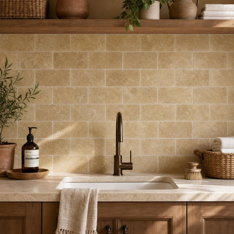 Noce Travertine Tile 6x12 Tumbled — Laundry Room backsplash