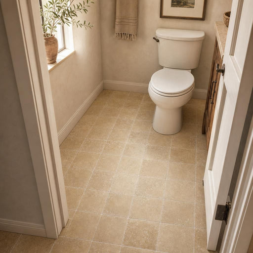 Noce Travertine Tile 6x6 Tumbled — Bathroom floor