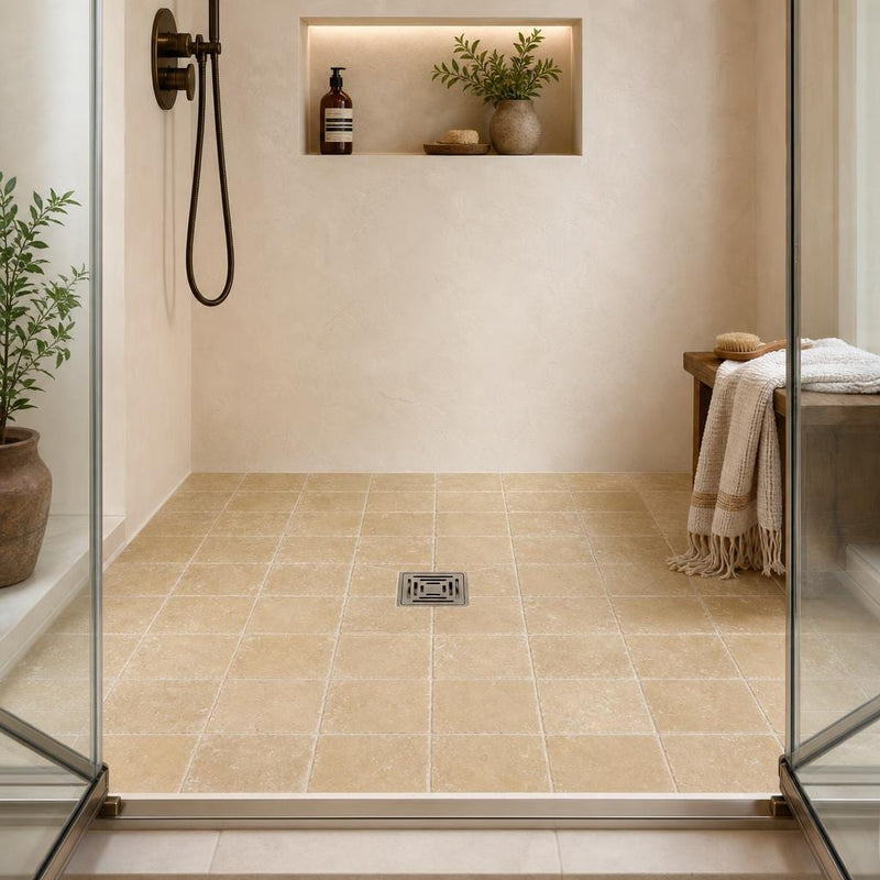 Noce Travertine Tile 6x6 Tumbled — Bathroom shower floor