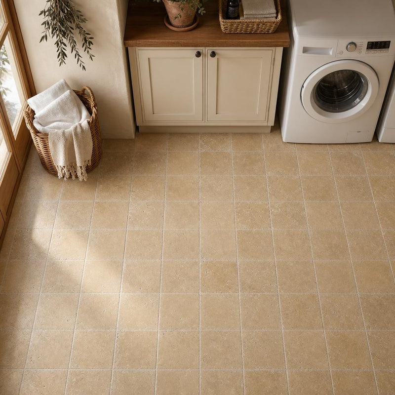 Noce Travertine Tile 6x6 Tumbled — Laundry Room floor