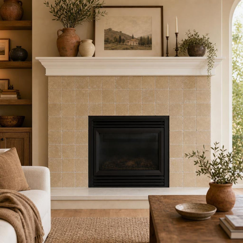 Noce Travertine Tile 6x6 Tumbled — Living Room fireplace surround