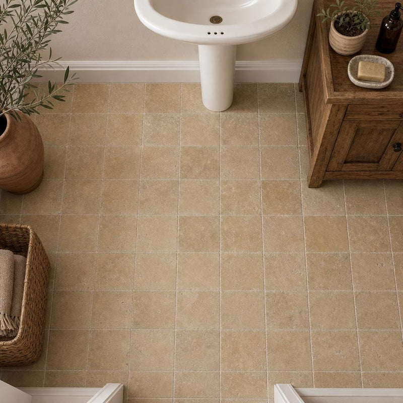 Noce Travertine Tile 6x6 Tumbled — Powder Room floor