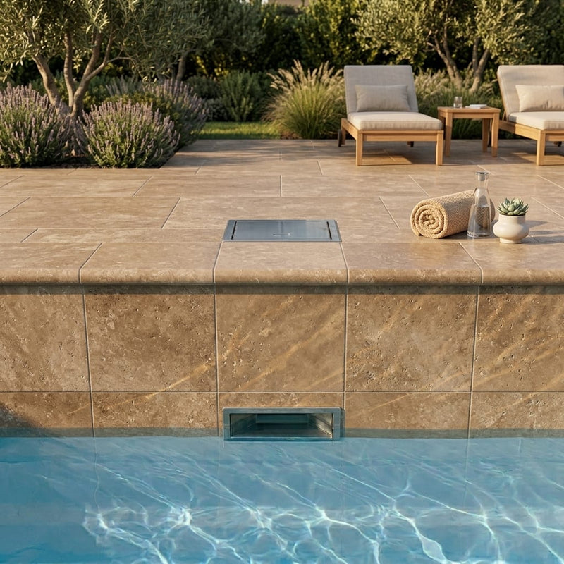 Noce Travertine Tumbled 12 x 12 x 1.25 Bullnose Coping 12x12 pool coping — Swimming Pool remodel pool edge