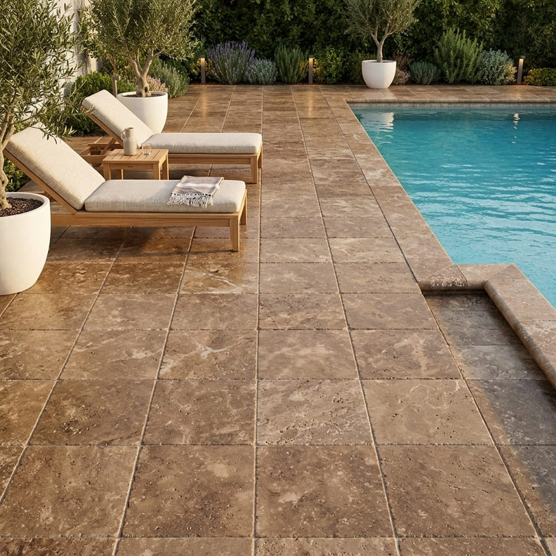 Noce Travertine Tumbled 12 x 12 x 1.25 Paver 12x12 — Backyard pool deck