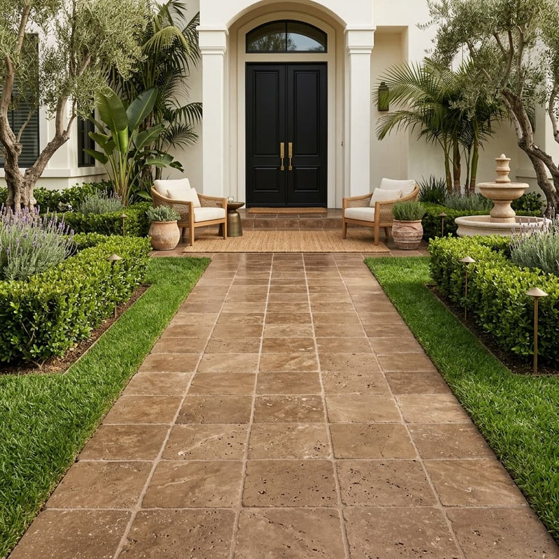 Noce Travertine Tumbled 12 x 12 x 1.25 Paver 12x12 — Front Yard walkway
