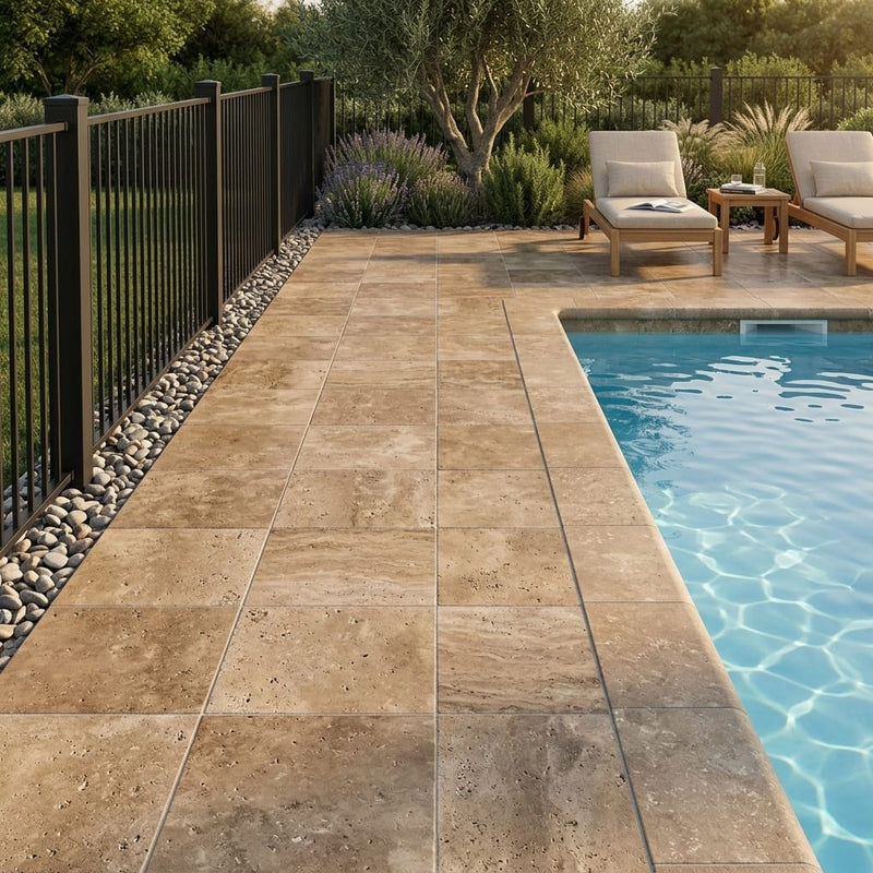 Noce Travertine Tumbled 12 x 12 x 2 Bullnose Coping 12x12 pool coping — Swimming Pool pool edge drop-face coping