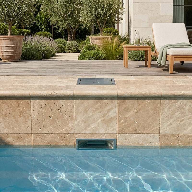 Noce Travertine Tumbled 12 x 12 x 2 Bullnose Coping 12x12 pool coping — Swimming Pool remodel pool edge