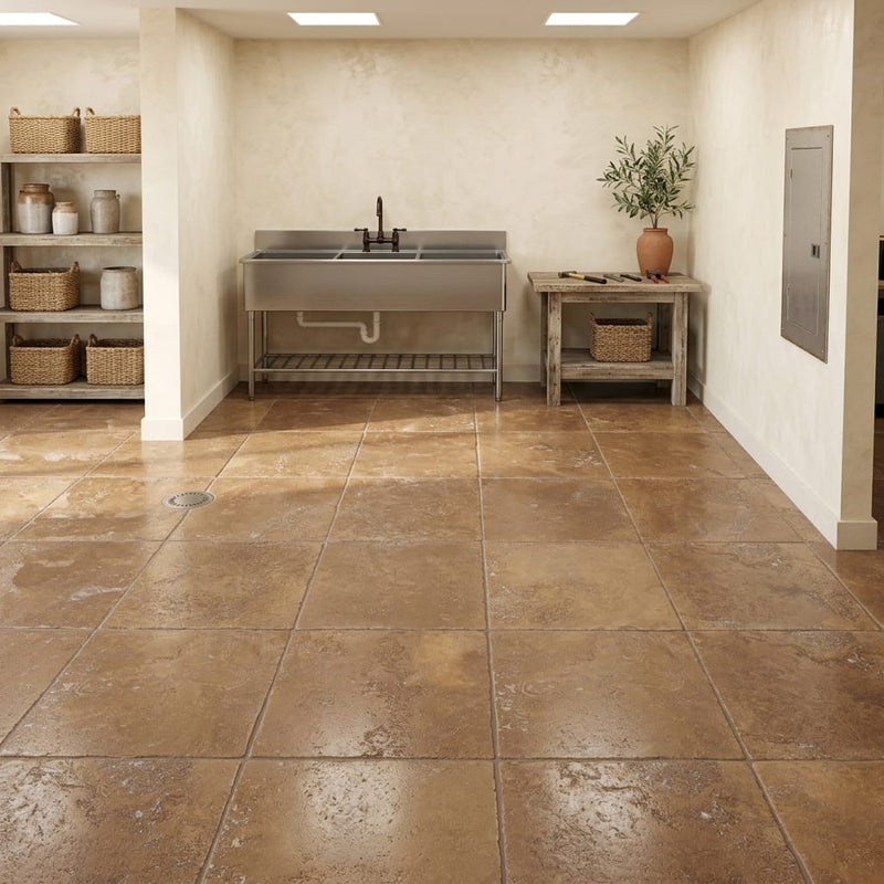 Noce Travertine Tumbled 12 x 12 x 3/8 Cross Cut Tile 12x12 — Basement floor