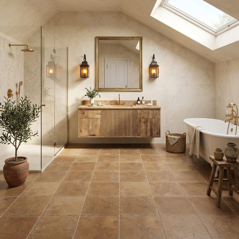 Noce Travertine Tumbled 12 x 12 x 3/8 Cross Cut Tile 12x12 — Bathroom floor