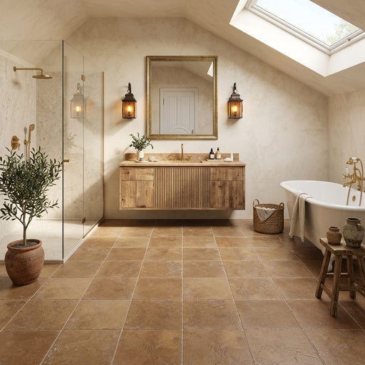 Noce Travertine Tumbled 12 x 12 x 3/8 Cross Cut Tile 12x12 — Bathroom floor