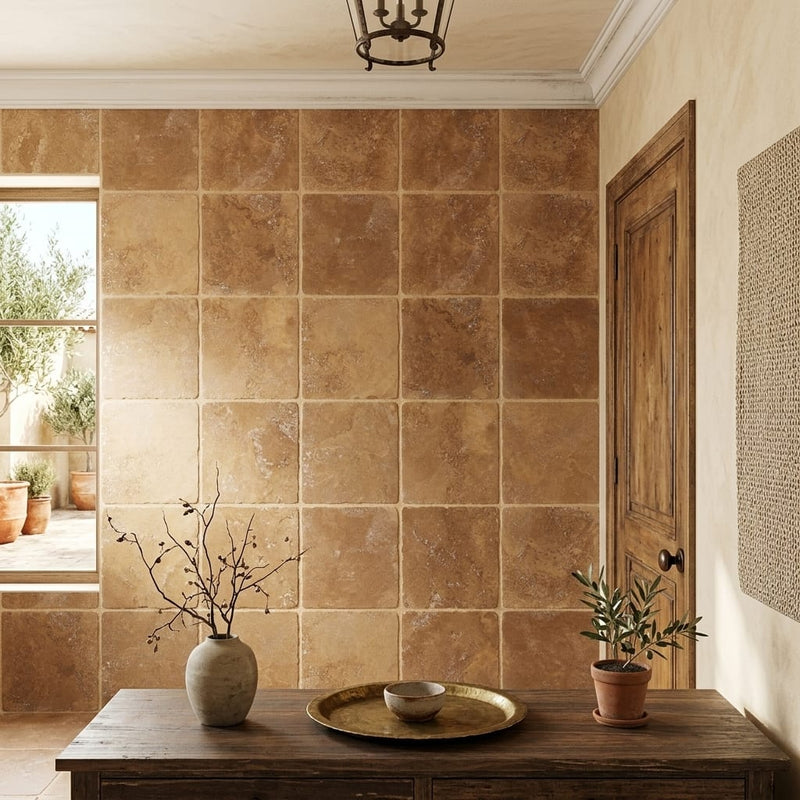 Noce Travertine Tumbled 12 x 12 x 3/8 Cross Cut Tile 12x12 — Hallway floor