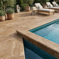 Noce Travertine Tumbled 12 x 24 x 1.25 Bullnose Coping 12x24 pool coping — Swimming Pool pool edge drop-face coping
