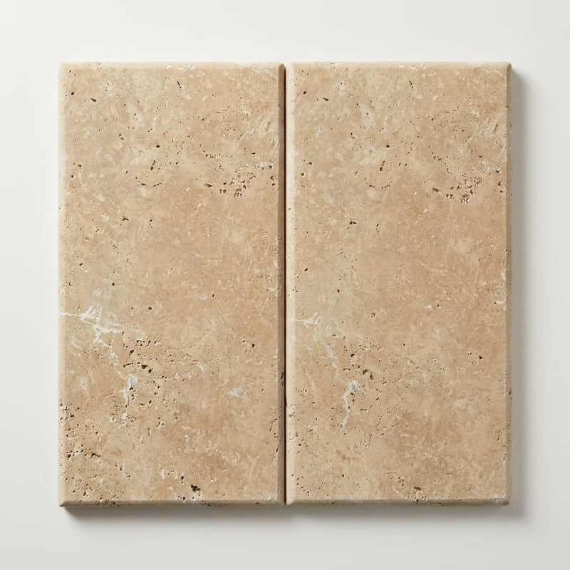 Noce Travertine Tumbled 12 x 24 x 1.25 Double Bullnose Coping 12x24 close-up
