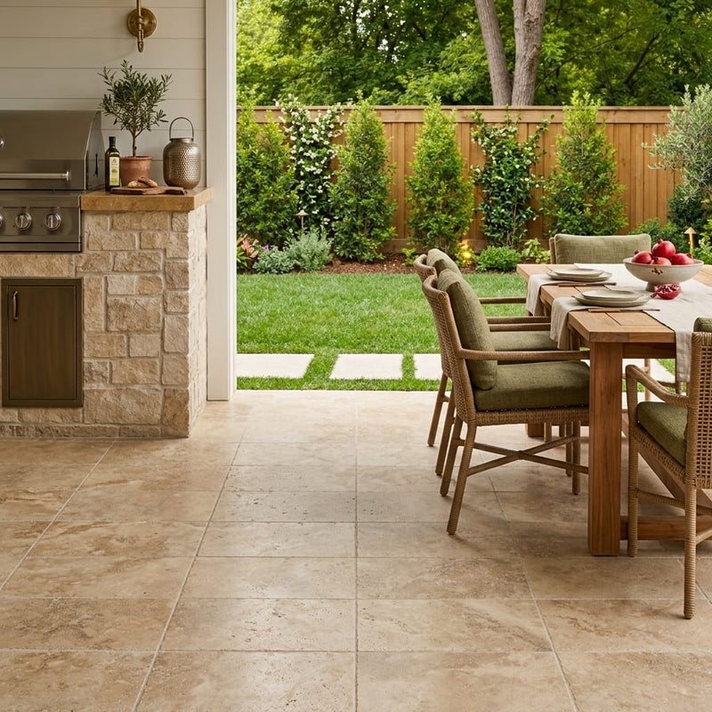 Noce Travertine Tumbled 12 x 24 x 1.25 Paver 12x24 — Backyard patio