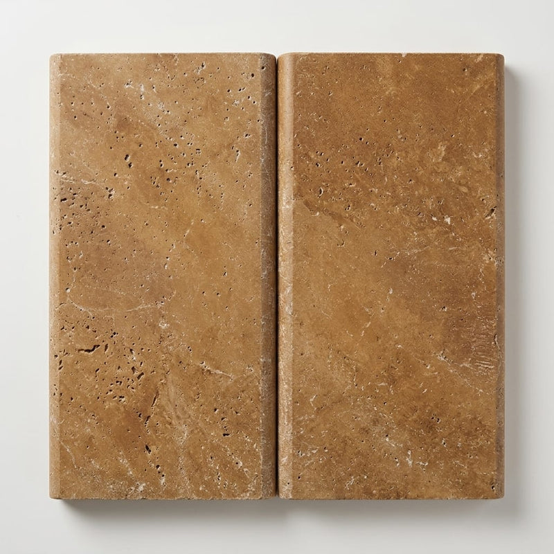 Noce Travertine Tumbled 12 x 24 x 2 Double Bullnose Coping 12x24 close-up