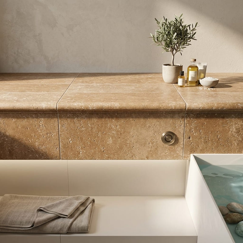 Noce Travertine Tumbled 12 x 24 x 2 Double Bullnose Coping 12x24 pool coping — Spa spa overhang edge