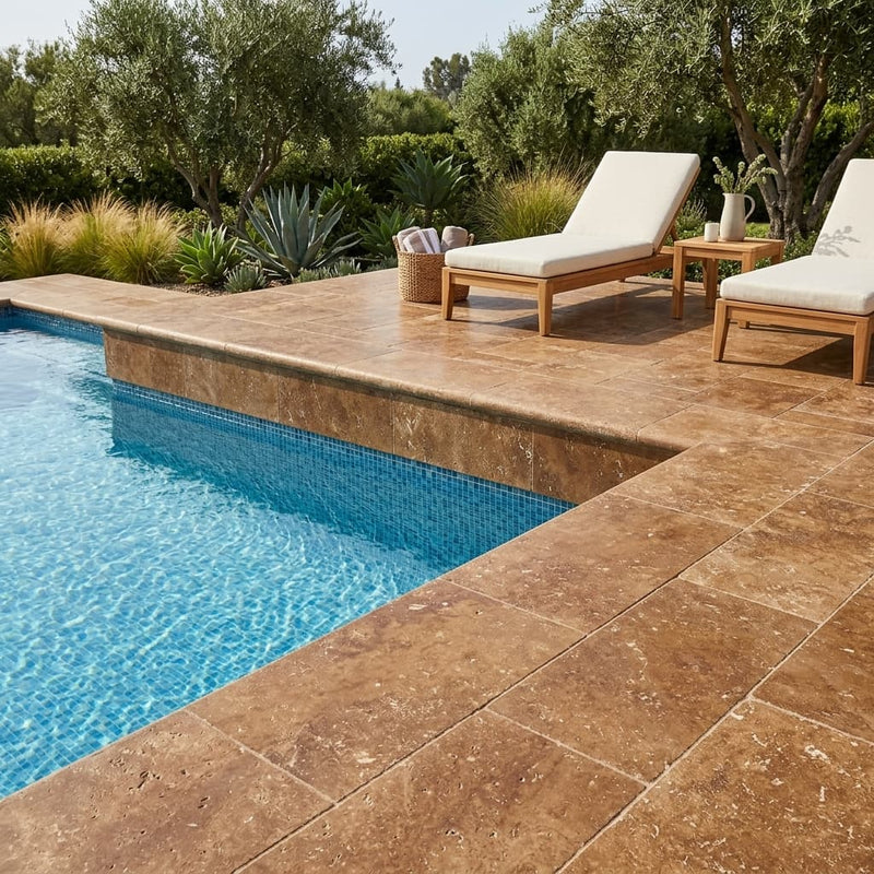 Noce Travertine Tumbled 12 x 24 x 2 Double Bullnose Coping 12x24 pool coping — Swimming Pool pool edge drop-face coping