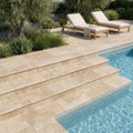 Noce Travertine Tumbled 12 x 24 x 2 Double Modern Coping 12x24 pool coping — Swimming Pool pool step edge