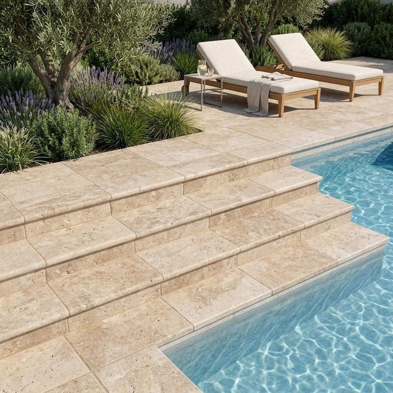 Noce Travertine Tumbled 12 x 24 x 2 Double Modern Coping 12x24 pool coping — Swimming Pool pool step edge