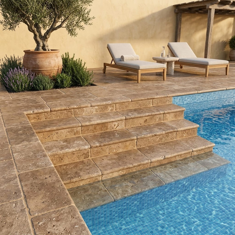 Noce Travertine Tumbled 12 x 24 x 2 Modern Coping 12x24 pool coping — Swimming Pool pool step edge