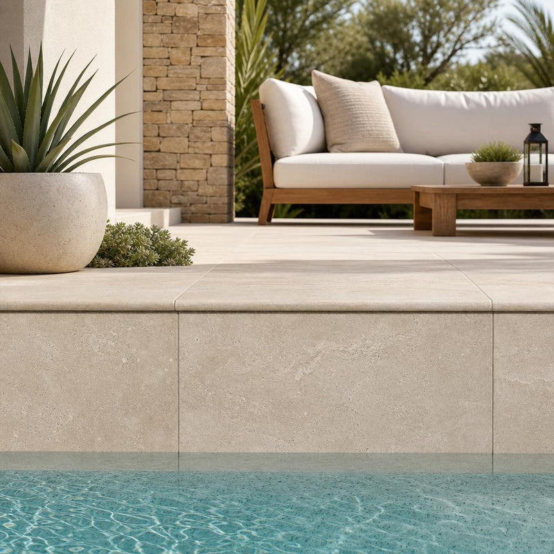Noce Travertine Tumbled 16 x 24 x 1.25 Bullnose Coping 16x24 pool coping — Swimming Pool remodel pool edge