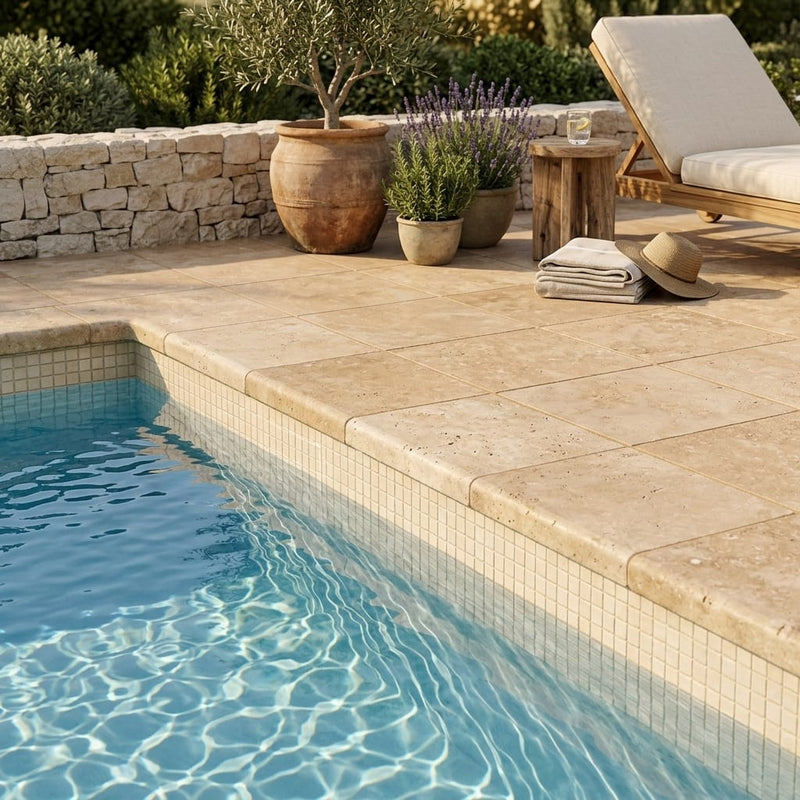 Noce Travertine Tumbled 16 x 24 x 2 Bullnose Coping 16x24 pool coping — Swimming Pool pool edge drop-face coping