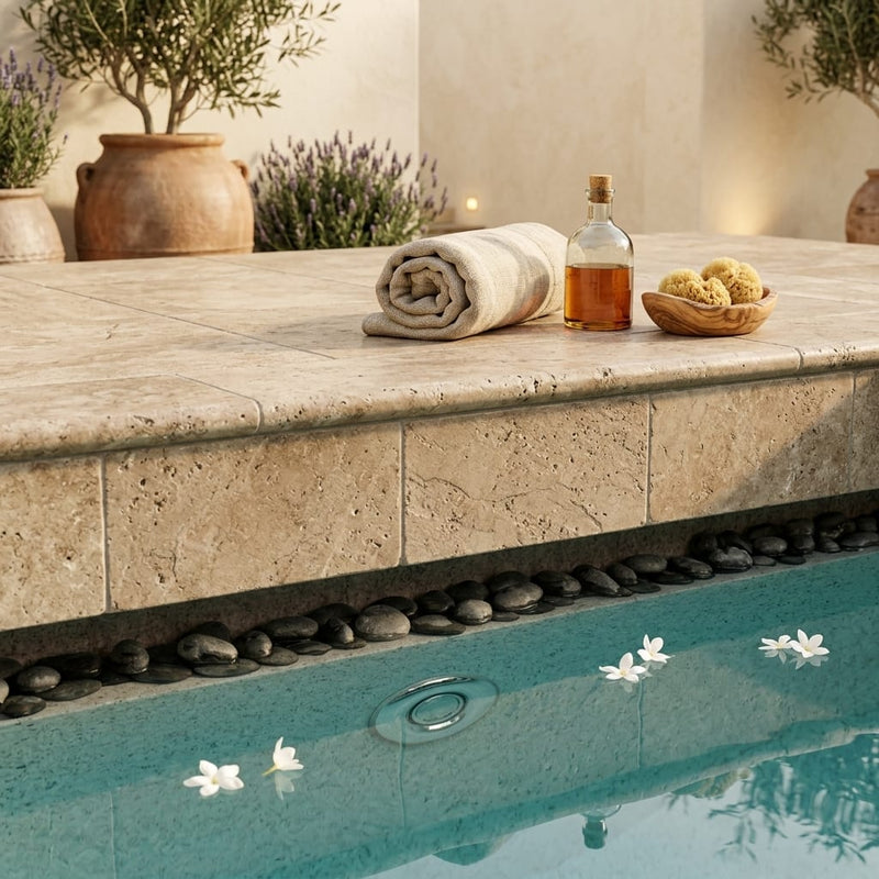 Noce Travertine Tumbled 16 x 24 x 2 Double Bullnose Coping 16x24 pool coping — Spa spa overhang edge