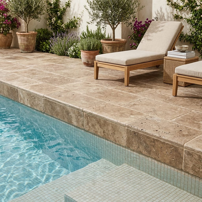 Noce Travertine Tumbled 16 x 24 x 2 Double Bullnose Coping 16x24 pool coping — Swimming Pool pool edge drop-face coping