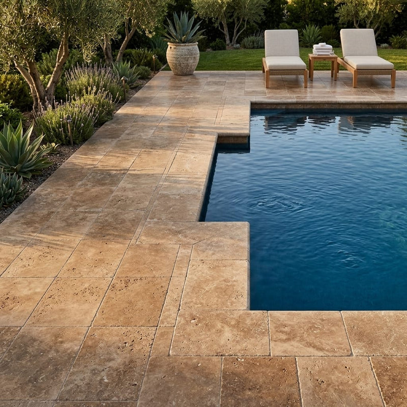 Noce Travertine Tumbled 16 x 24 x 2 Modern Coping 16x24 pool coping — Swimming Pool pool edge coping