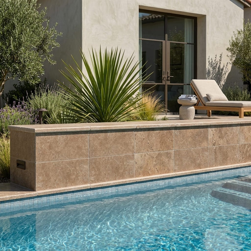 Noce Travertine Tumbled 16 x 24 x 2 Modern Coping 16x24 pool coping — Swimming Pool raised bond beam cap