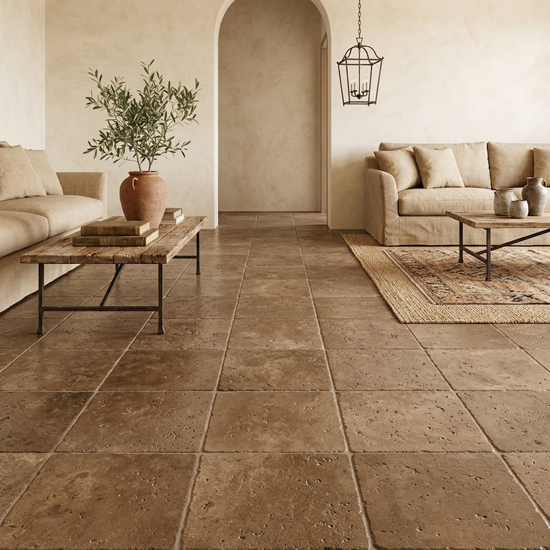 Noce Travertine Tumbled 18 x 18 x 1/2 Cross Cut Tile 18x18 — Family Room floor