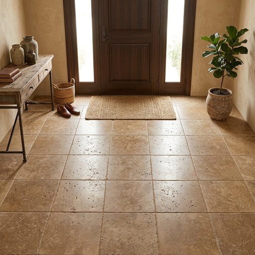 Noce Travertine Tumbled 18 x 18 x 1/2 Cross Cut Tile 18x18 — Foyer floor